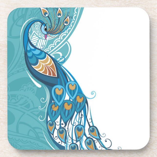 Peacock on Teal Illustration Coaster (Front)