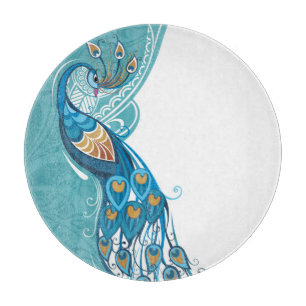 Peacock on Teal Illustration Cutting Board