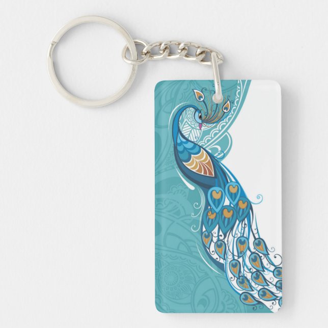 Peacock on Teal Illustration Key Ring (Front)