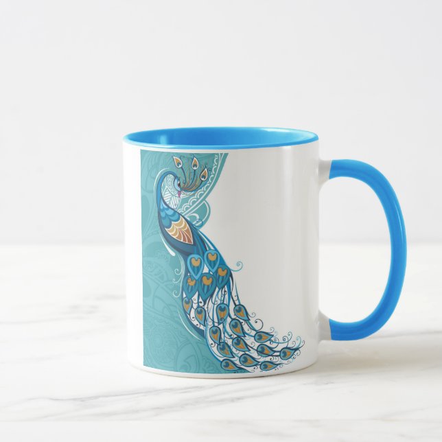 Peacock on Teal Illustration Mug (Right)