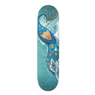 Peacock on Teal Illustration Skateboard