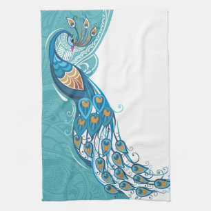 Peacock on Teal Illustration Tea Towel