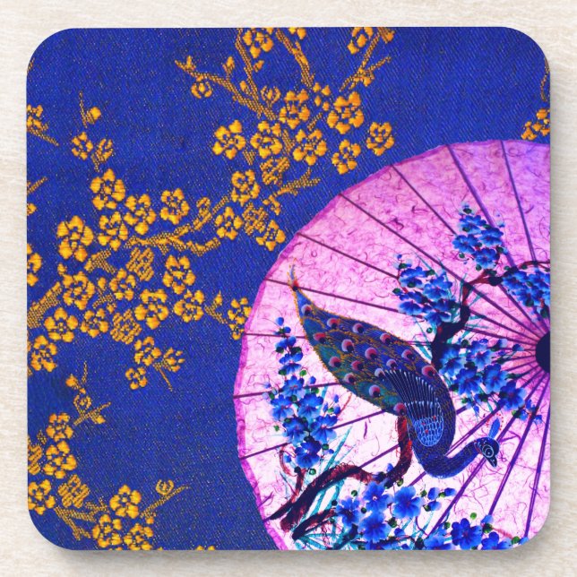 Peacock oriental parasol japanese blossoms blue coaster (Front)
