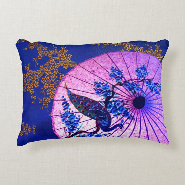 Peacock oriental parasol japanese cherry blossoms decorative cushion (Front)