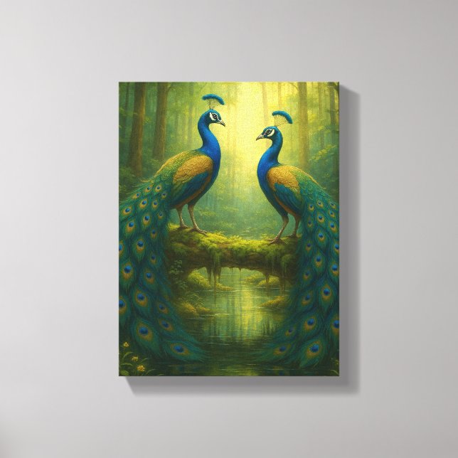 Peacock Pair in Enchanted Forest Canvas Print (Front)