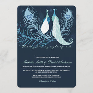 Peacock Pair Love Birds Blue Wedding Invite