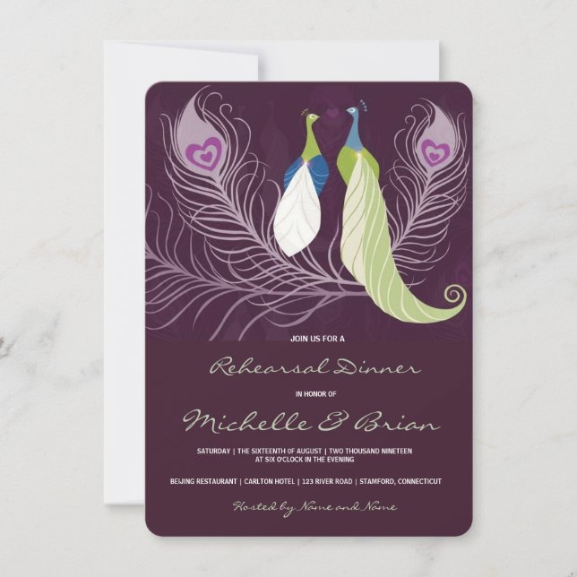 Peacock Pair Love Birds Purple Rehearsal Dinner Invitation (Front)