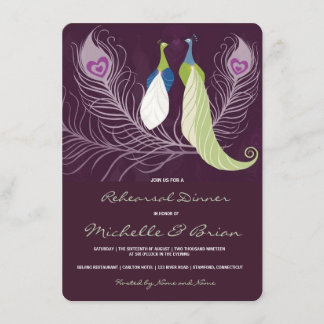 Peacock Pair Love Birds Purple Rehearsal Dinner Invitation