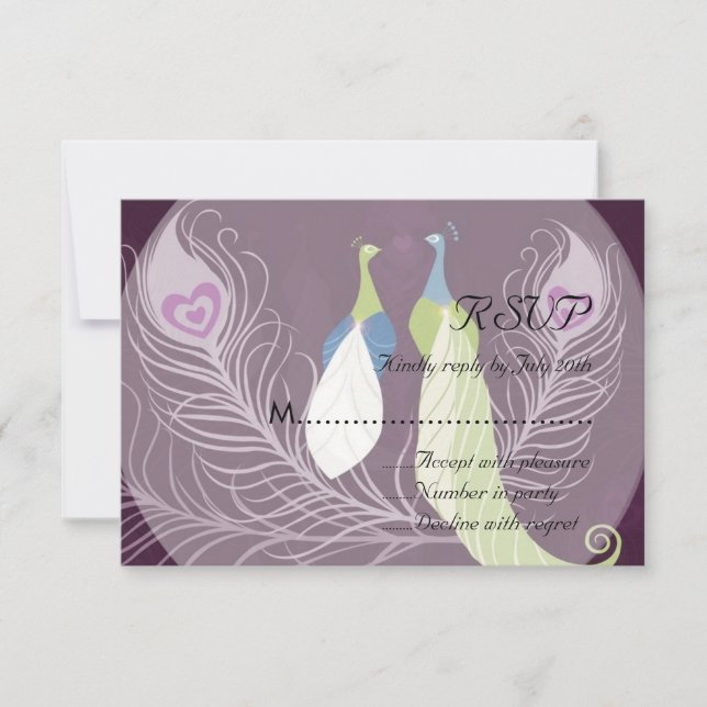 Peacock Pair Love Birds Purple Wedding RSVP Card (Front)