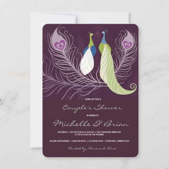 Peacock Pair Love Birds Purple Wedding Shower Invitation (Front)