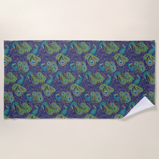 Peacock Paisley Pattern Blue Beach Towel (Front)