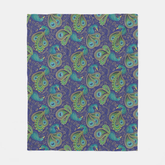 Peacock Paisley Pattern Blue Fleece Blanket (Front)