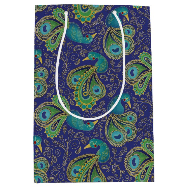 Peacock Paisley Pattern Blue Medium Gift Bag (Front)