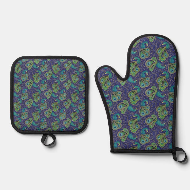 Peacock Paisley Pattern Blue Oven Mitt & Pot Holder Set (Front)