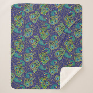 Peacock Paisley Pattern Blue Sherpa Blanket