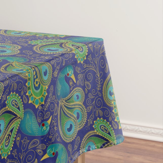 Peacock Paisley Pattern Blue Tablecloth (In Situ)