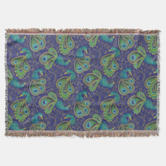 Peacock Paisley Pattern Blue Throw Blanket