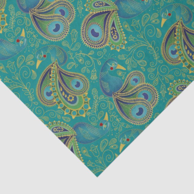 Peacock Paisley Pattern Teal Tissue Paper (Detail)