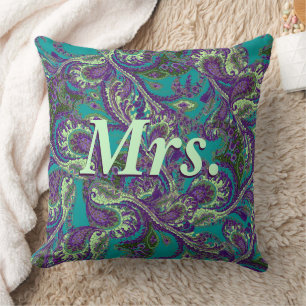 Peacock Paisley Purple and Green Brides Cushion