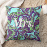 Peacock Paisley Purple and Green Brides Cushion<br><div class="desc">Purple and Green Vintage Peacock Paisley Wedding Vintage Paisley Purple, Green Teal Blue, and Beautiful Aqua Peacock Paisley 2nd Wedding Anniversary Pillow. You can Personalise this Beautiful Elegant Vintage Elements with Whimsical Swirl Vintage Paisley Pattern Pillow to say anything you like or use the existing Mrs.for the Bride or Monogram...</div>
