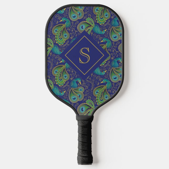 Peacock Paisley Royal Blue Monogram Pickleball Paddle (Front)