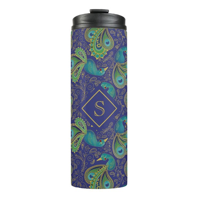 Peacock Paisley Royal Blue Monogram Thermal Tumbler (Front)