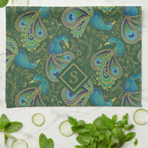 Peacock Paisley Royal Green Monogram Tea Towel
