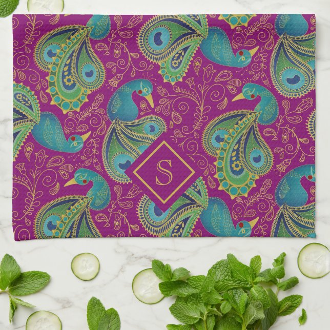 Peacock Paisley Royal Pink Fuchsia Monogram Tea Towel (Folded)