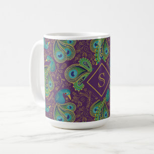 Peacock Paisley Royal Purple Monogram Coffee Mug