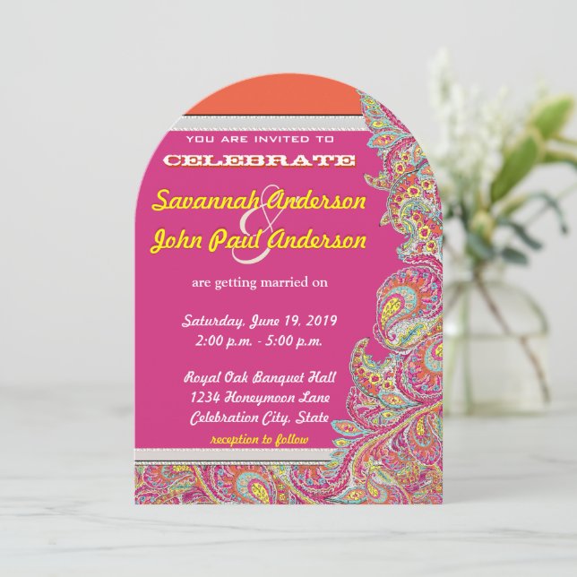 Peacock Paisley Tangerine Mustard Yellow Fuchsia Invitation (Standing Front)