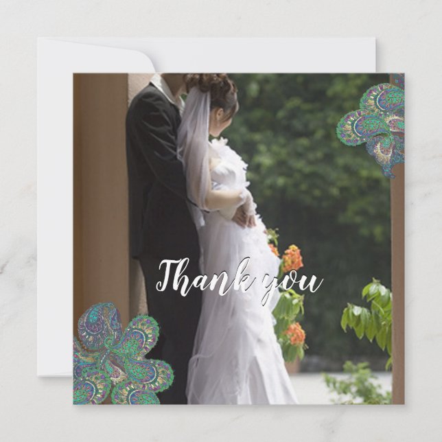 Peacock Paisley Wedding Thank You Photo Cards (Front)