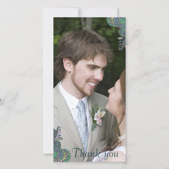 Peacock Paisley Wedding Thank You Photo Cards (Front)