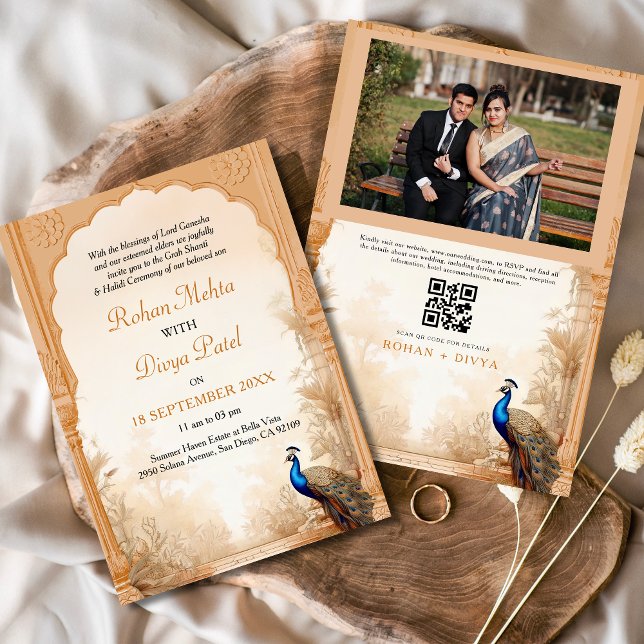 Peacock Palm Garden Indian Photo Wedding Invitation (Creator Uploaded)