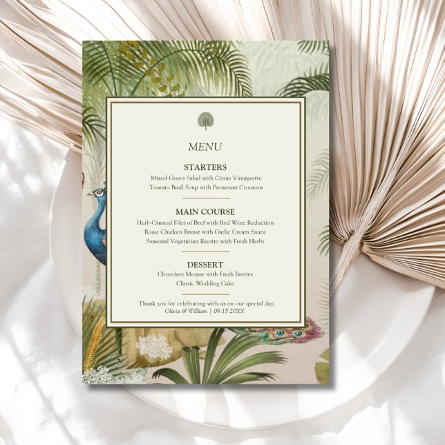 Peacock Palm Wedding Menu (Peacock Palm wedding menu with personalized courses, names and date for a tropical reception)