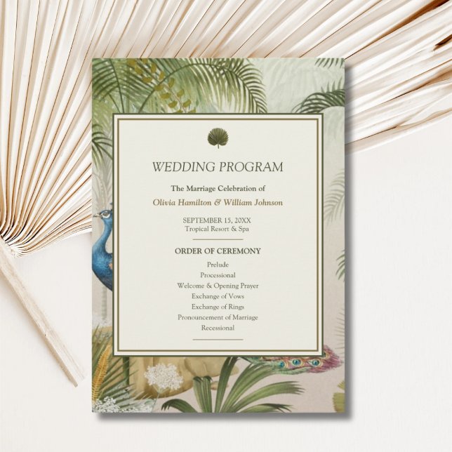 Peacock Palm Wedding Program Programme (Peacock Palm wedding program with personalized ceremony order, couple’s names and wedding date)