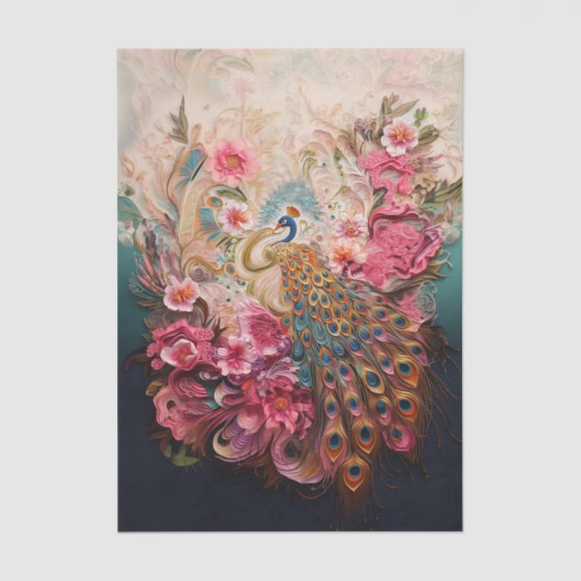 Peacock Paradise: Ornate Floral & Feather Art Tissue Paper (Front)