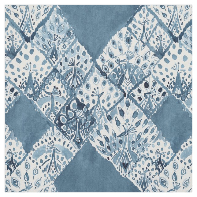 PEACOCK PATCHWORK Navy Boho Chic Watercolor Fabric (Swatch)