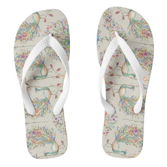 Peacock Pattern, Beautiful  Tropical Floral Flip Flops (Footbed)