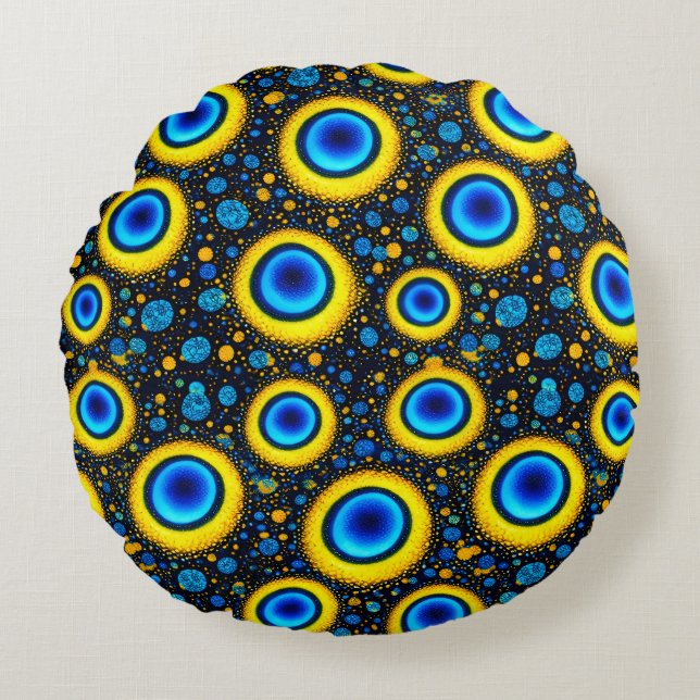 Peacock pattern bold blue gold art deco design des round cushion (Front)