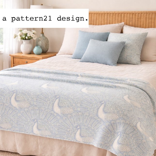 peacock pattern fleece blanket (Soft blue peacock fleece blanket inspired by vintage porcelain and timeless decorative design.)