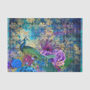 Peacock Peacocks Decoupage Blue & Purple Flowers  Tissue Paper