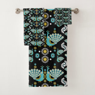 Peacock Peafowl Bird Folk Art Bath Towel Set