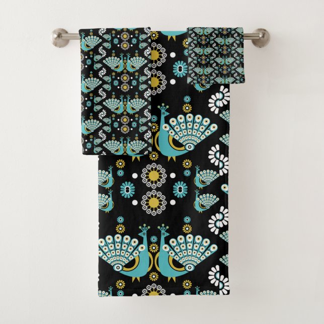 Peacock Peafowl Bird Folk Art  Bath Towel Set (Insitu)