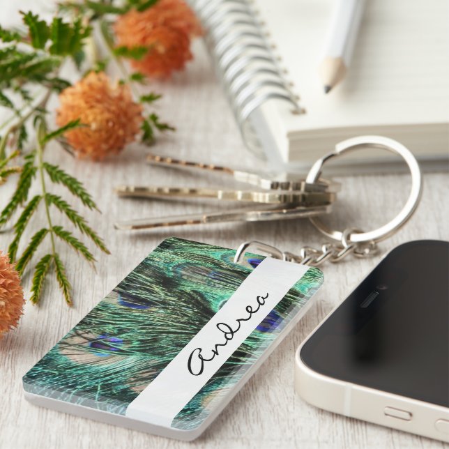 Peacock, Peafowl, Peacock Tail, Your Name Key Ring (Front Right)