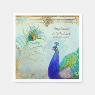 Peacock Peafowl Tail Feathers Faux Gold Leaf Swirl Napkin