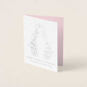 Peacock peahen line art couple silver anniversary foil card