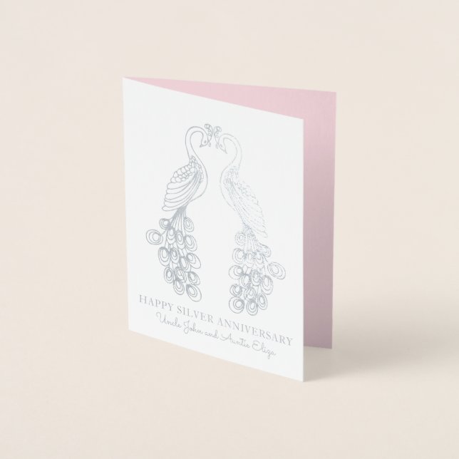 Peacock peahen line art couple silver anniversary foil card (Front)