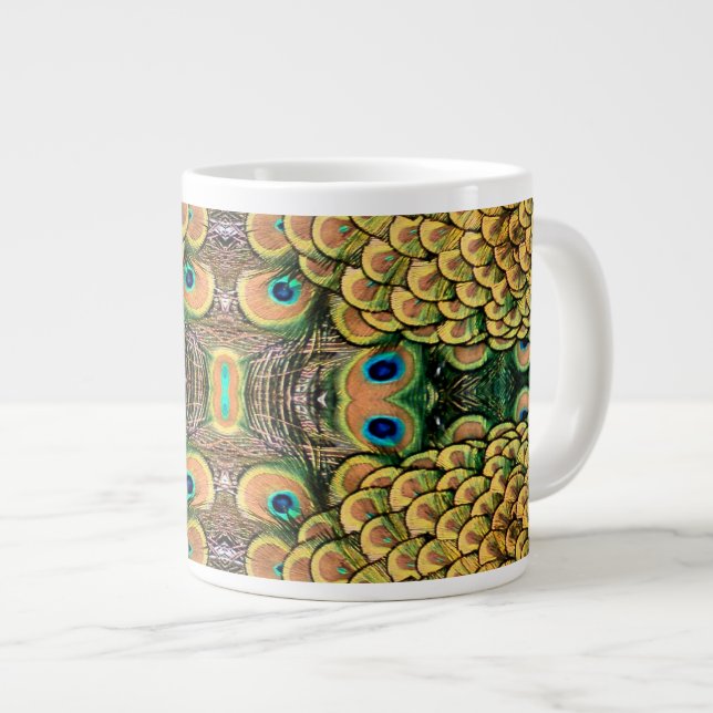 Peacock Peahen Peafowl Feathers Colourful Mirror Large Coffee Mug (Front Right)