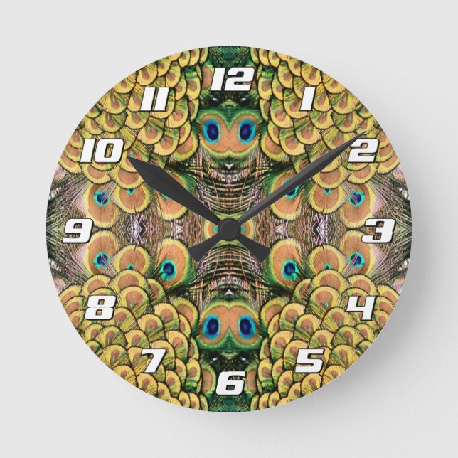 Peacock Peahen Peafowl Feathers Colourful Mirror Round Clock (Front)