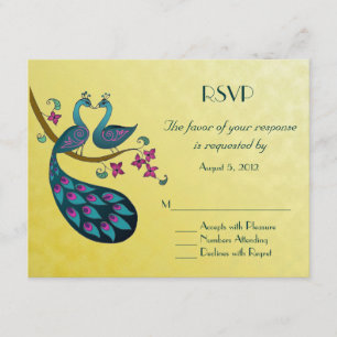 Peacock - Peahen RSVP, mustard yellow RSVP Card